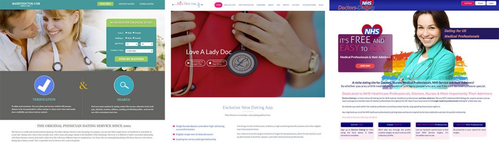 Niche Doctor Dating Sites - Screenshots of MarryDoctor.com, MissDoctor.com, and Doctors-Dating.co.uk