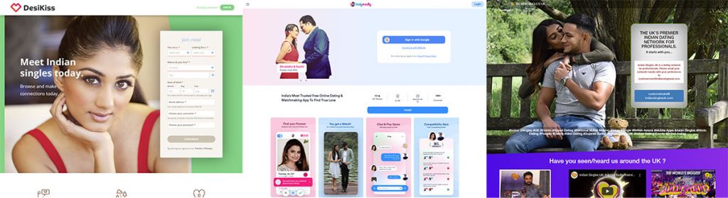 Niche Indian Dating Apps Screenshots - DesiKiss, TrulyMadly, and Indian Singles UK