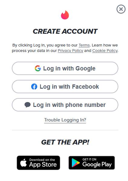 Tinder account creation page screenshot